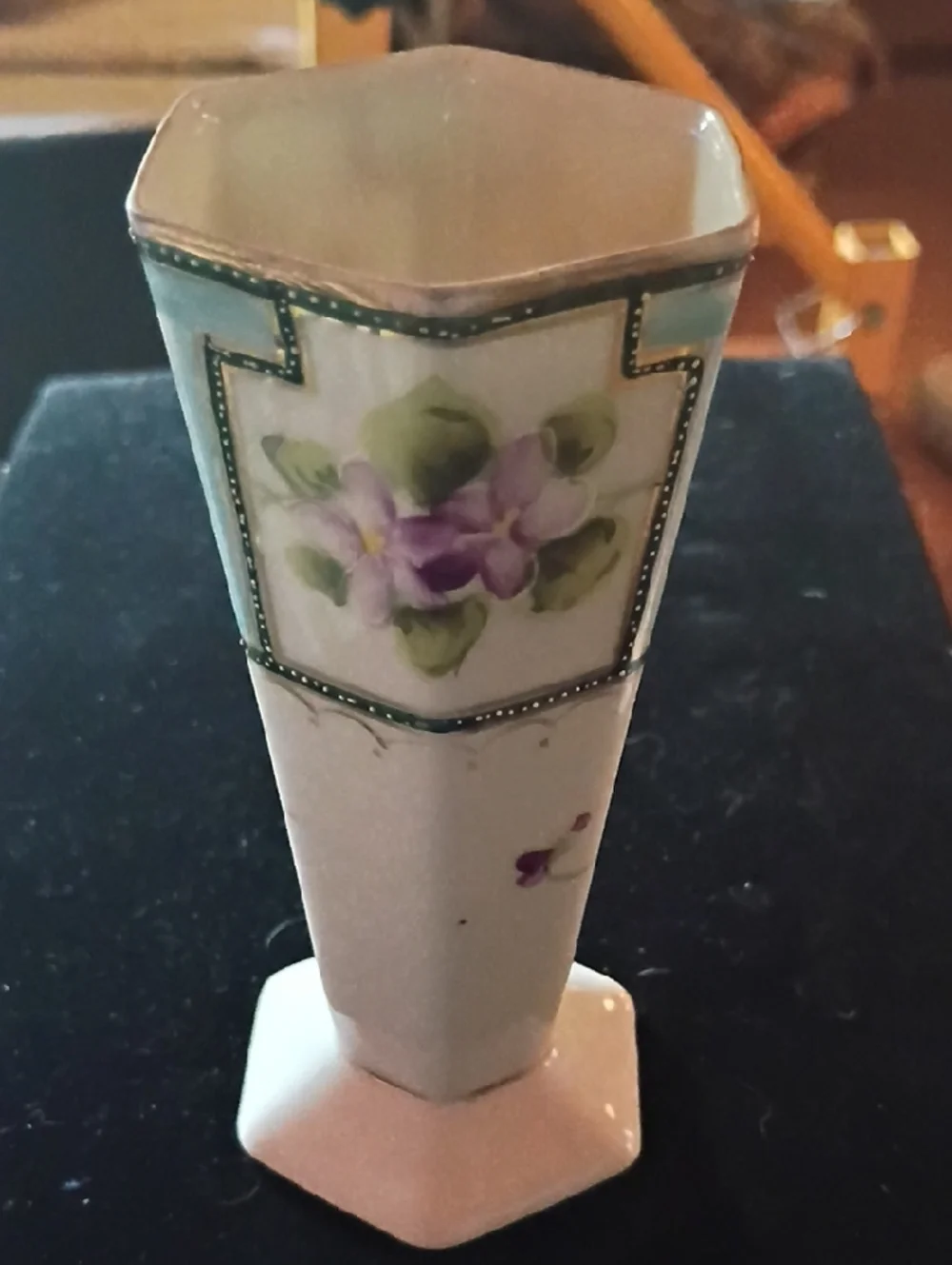 Porcelain Hexagonal Purple Floral Vase with Gold Trim